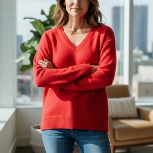 NWT $98 Halogen Red Bloom 100% Cashmere Knit Red V-Neck Sweater - Size L